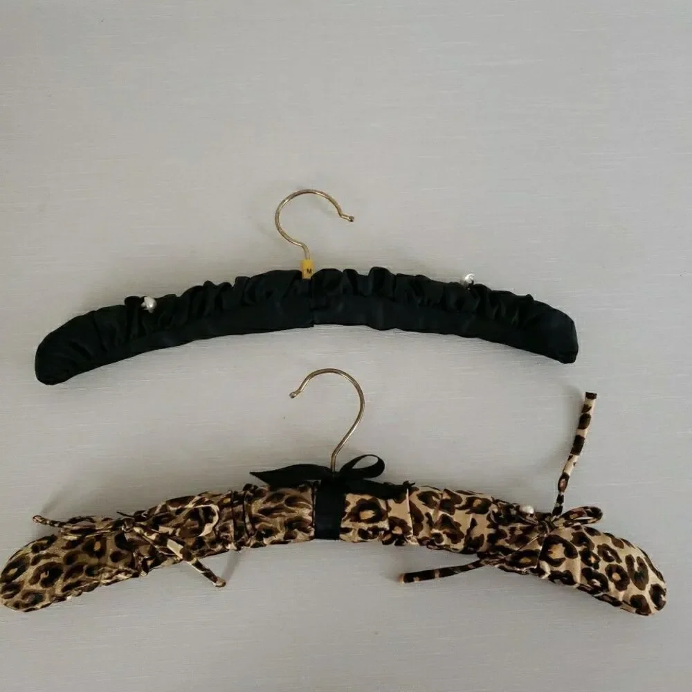 Padded Satin Fabric Covered Clothes Lingerie Hangers Brass Hook Wood Arms VTG